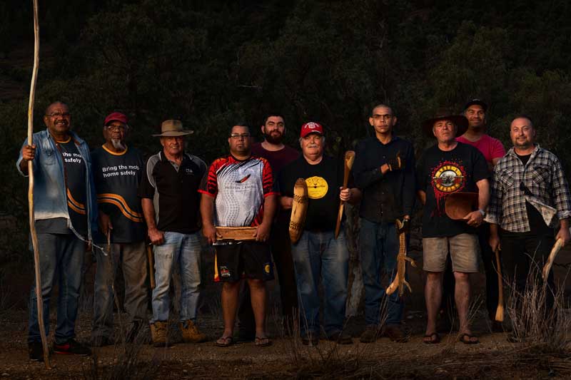 Donny McKenzie, Roy Coulthard, Lawrie Thomas, Troy Dargan, Patrick Trott, Darryl Thomas, Dallas Brady, Lindsay Thomas, Clayton Cruse and Jared Thomas at Ikara, Flinders Ranges. Photo: Dave Laslett, courtesy of Ku Arts