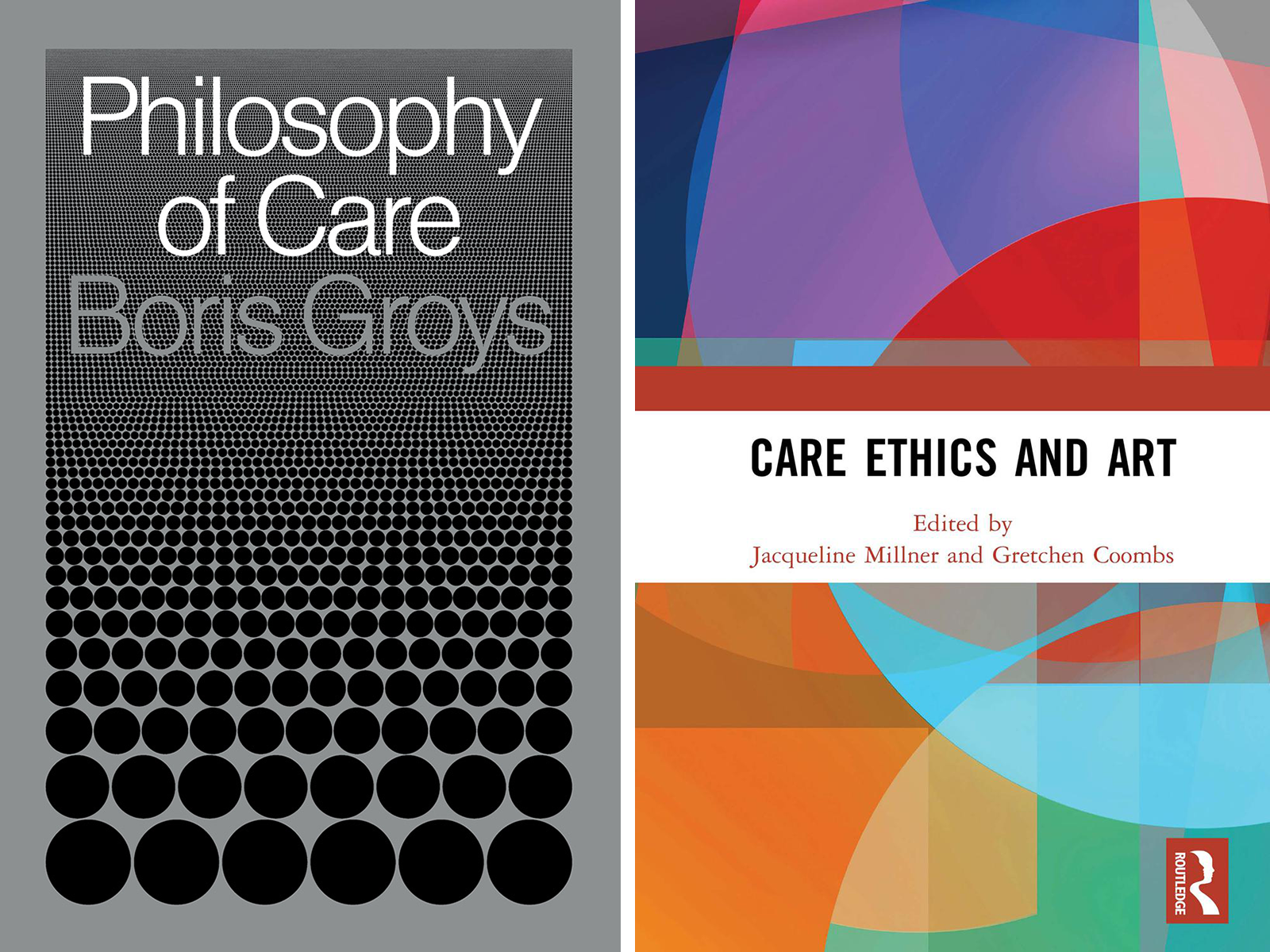 black and white book 'Philiosophy of Care' cover and one 'Care, Ethics and Art' colourful book cover 
